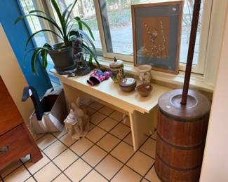 Handmade Wooden Bench, Plants, Cement Elf Figure