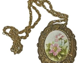 Ornate Enameled Floral Pendant Necklace
