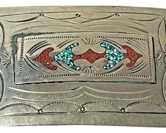 Silver, Turquoise Coral Belt Buckle