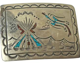 Silver, Turquoise Coral Belt Buckle