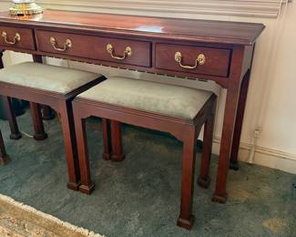 Mahogany console table with stools
