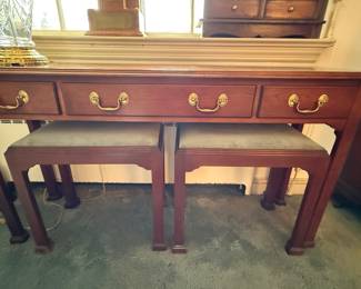 Mahogany console table with stools