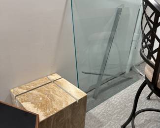 "Artedi" travertine base, glass top coffee table