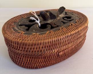 Finely woven basket box - carved wood top