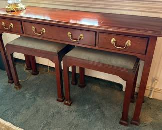 Mahogany console table with stools