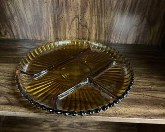 Indiana Glass Round Cadmium Glass 4 Compartment Relish Tray 1970's