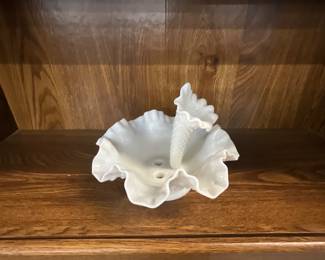 Fenton Milk Glass 3 Horn Diamond Lace Epergne Vase
