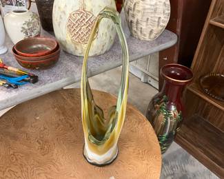 MCM Stretched Art Glass Basket Vase