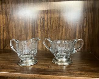 Fostoria Glass Etched Floral Pattern Creamer and Sugar Bowl Set