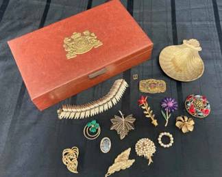 CT700Vintage Jewelry Box With Miscellaneous Collection Of Costume Tins