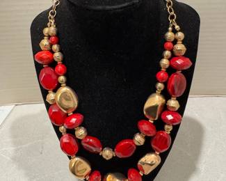 90s Red and Gold Festive Acrylic Bead Double Strand Necklace