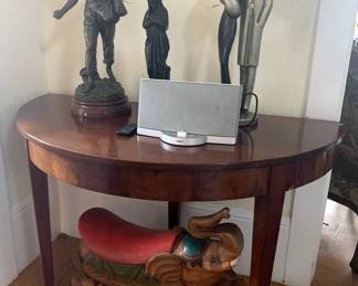 Demi Lune Wood Entry Table, Hippolyte Moreau “Le Semeur” Bronze Statue, 19th C French School Bronze Hooded Woman in Robes, Art Deco Statue, Vintage Wooden Elephant Rocking Horse

