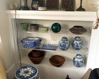 Vintage Elephant Lamp and Shade, Blue and White Chinese Stool, Foot Bath, and Ginger Jars from Gumps, Teak Salad Bow and Four Serving Bowls