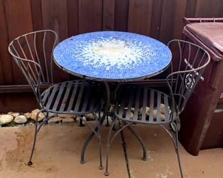 Mosaic Bistro Table and Two Wrought Iron Chairs