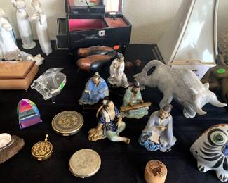 Vintage Japanese Piano Jewelry Box, Swarovski Crystal, Collection of Chinese Mud People, Large Marble Bull, Various Lladro Porcelain Statues