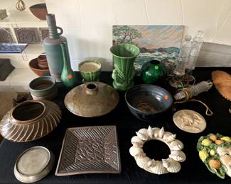 Hand Thrown Pottery, Round Sea Shell Frame, Pair Art Deco Skyscraper Boudoir Lamps and Picture Frame Lamp