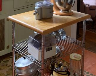 Bakers Rack, KitcheAid Mixer with  Food Processor Attachments, Various Kitchen Appliances