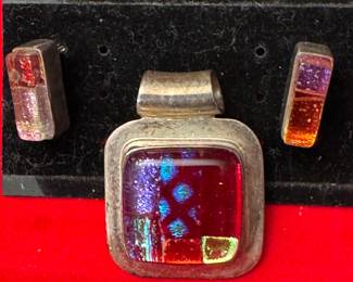 Handcrafted Dichroic Glass Silver Pendant and Earrings
