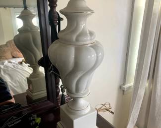 Pair of White Ceramic Twisted Urn Lamps and Matching Shades