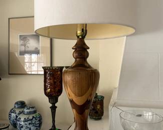 1950s Turned Wood Parquetry Urn Table Lamp