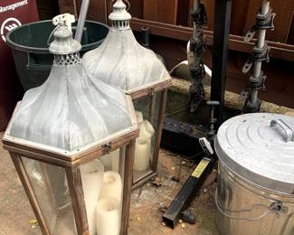 Pair of Glass and Brass Large Carriage Lanterns, Bike Rack