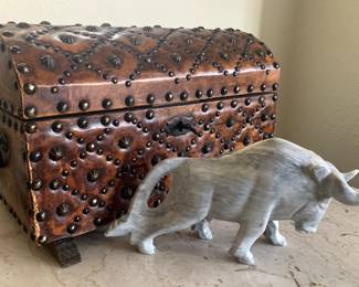 Vintage Leather Studded Jewelry Box, Large Marble Bull Statue from Spain