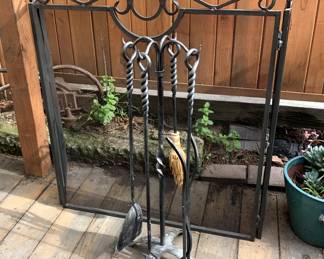 Twisted Wrought Iron 5 Piece Fireplace Set and Fireplace Screen