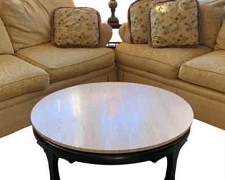 1950s Ming Style Italian Travertine Top Round Coffee Table and Two Taylor King Yellow Gold Sofas