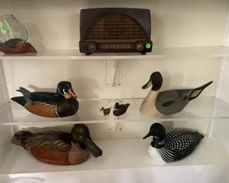 Philco Bakelite Tube Radio, Various Duck Decoys by T.J. Hooker, Max Thompson, Randy Tull, and Tom Talber