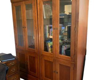 Two Wood and Beveled Glass Double Door Lighted Storage Cabinets
