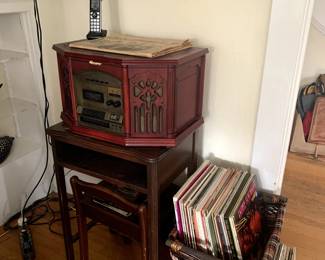Modern Radio Stereo Record Player and Vintage Vinyl LPs