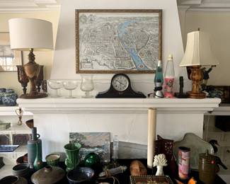Vintage Paris Lithograph, Marquetry Table Lamps, Mantel Clock, Vintage Lava Lamps, Pottery and Ceramics