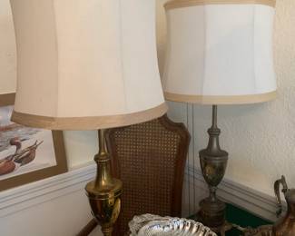 Pair of Brass Stiffel Lamps with Matching Linen Shades