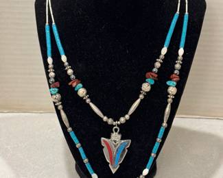 Vintage Turquoise and Coral Silver-Plated Double Strand Arrow Necklace