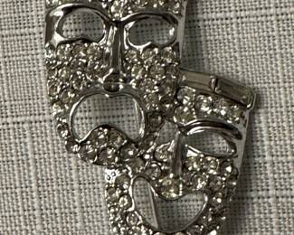 Vintage Comedy Tragedy Theater Mask Face Rhinestone Pin Brooch