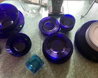 Vintage Blue Glass Dinner Set, Chargers, Serving Bowls, Limoge Cafe Paris Dinner Plates