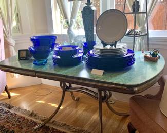 1950s Mint Green Formica Dining Table, Vintage Blue Glass Dinnerware, Chargers, Mixing and Serving Bowls, Limoges “Cafe Paris Dinner Plates