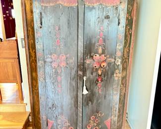 Tole Cupboard floral design on black Wow! pc…bun feet /68” high x 48” wide
