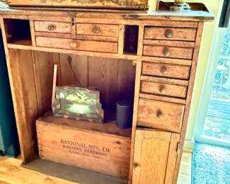 Dental Cabinet / multi drawer
Webster’s Mammoth Packet Seeds / with porcelain knobs (above)
Various Wood Boxes w/advertising