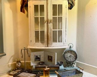 White Wall Cabinet w/dbl glass doors + decor items