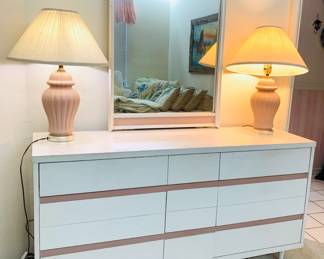 MCM White & Pink Trimmed Dresser w/Mirror