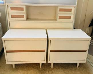 MCM White & Pink Trimmed Nightstands & Twin Storage Headboard