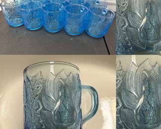 15 Vintage KIG Indonesia Ice Blue Glass Coffee Mugs with Embossed Fruit