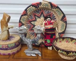 Guatemalan and Mexican Baskets, carved stone, and doll
