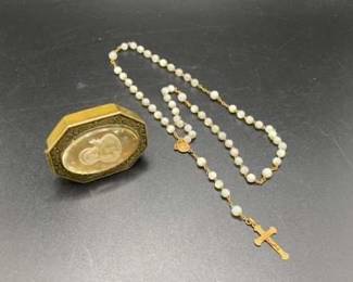 Child's rosary, with faux cameo on the front of the box -- gorgeous beads