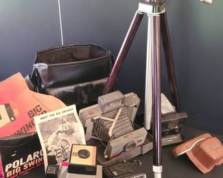 Vintage camera, tripod, and equipment lot with "Big Swinger"