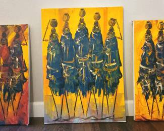 3 original East African paintings on canvas -- can remove from stretchers for shipping