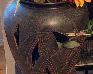 Large Carved Jardinière with Wooden Plant Stand