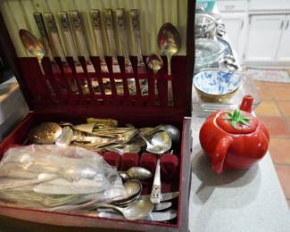 community flatware, tea pot