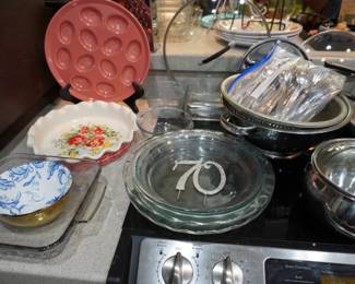 pie plates, egg plate, pots and pans